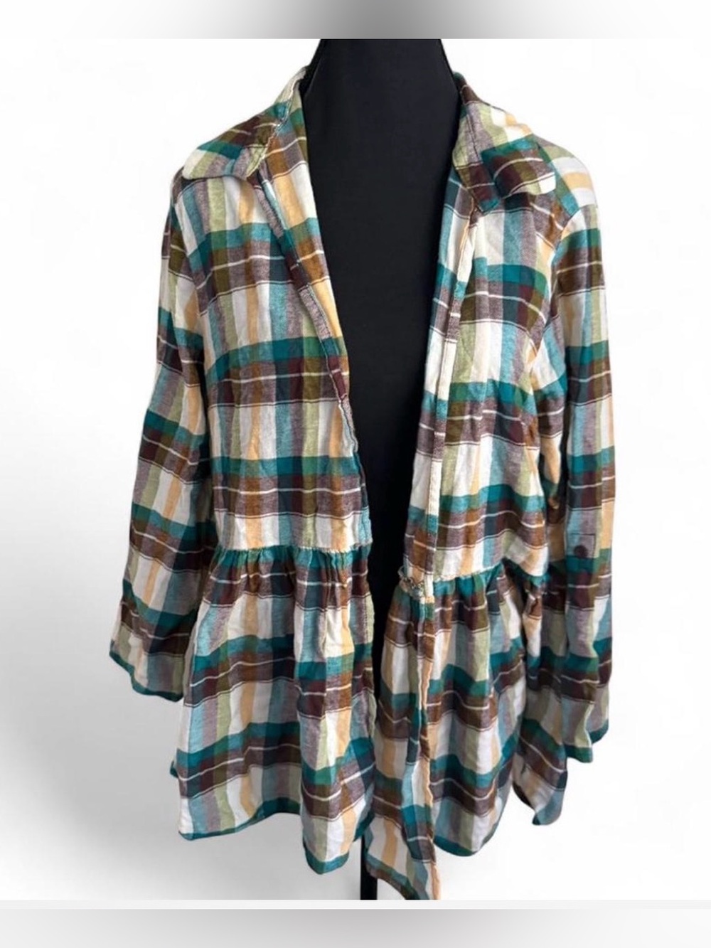 Cato Women’s Plaid Hooded Open Front Tunic Top Peplum Boho Long Sleeve size XL